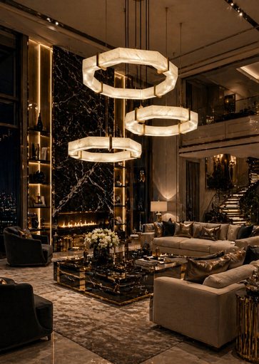 Gece, çift katlı bir salonda yanan halka formlu alabaster avizeler