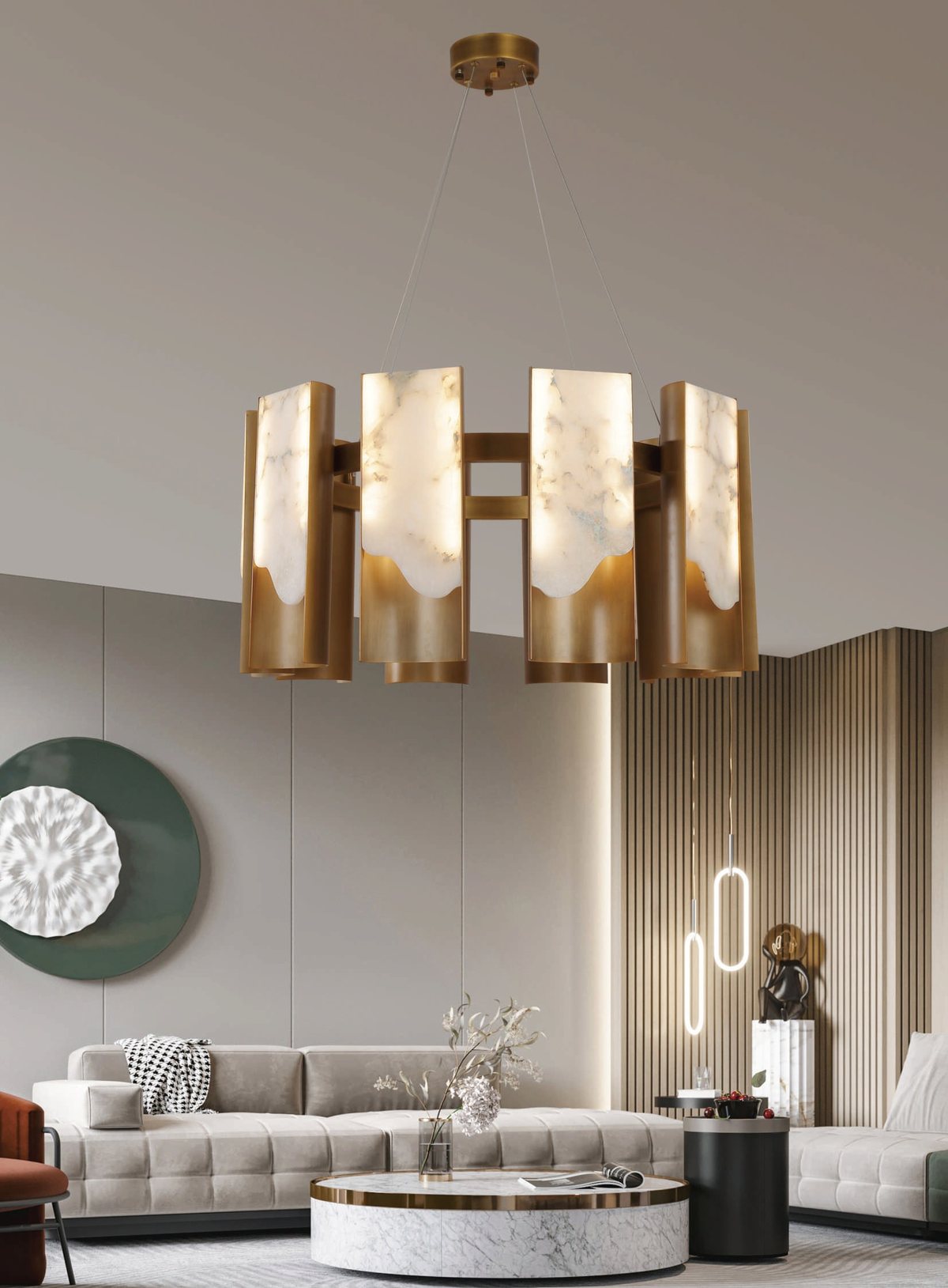 Alabaster silindir başlıklı Noya avizesi, çağdaş bir oturma odasında