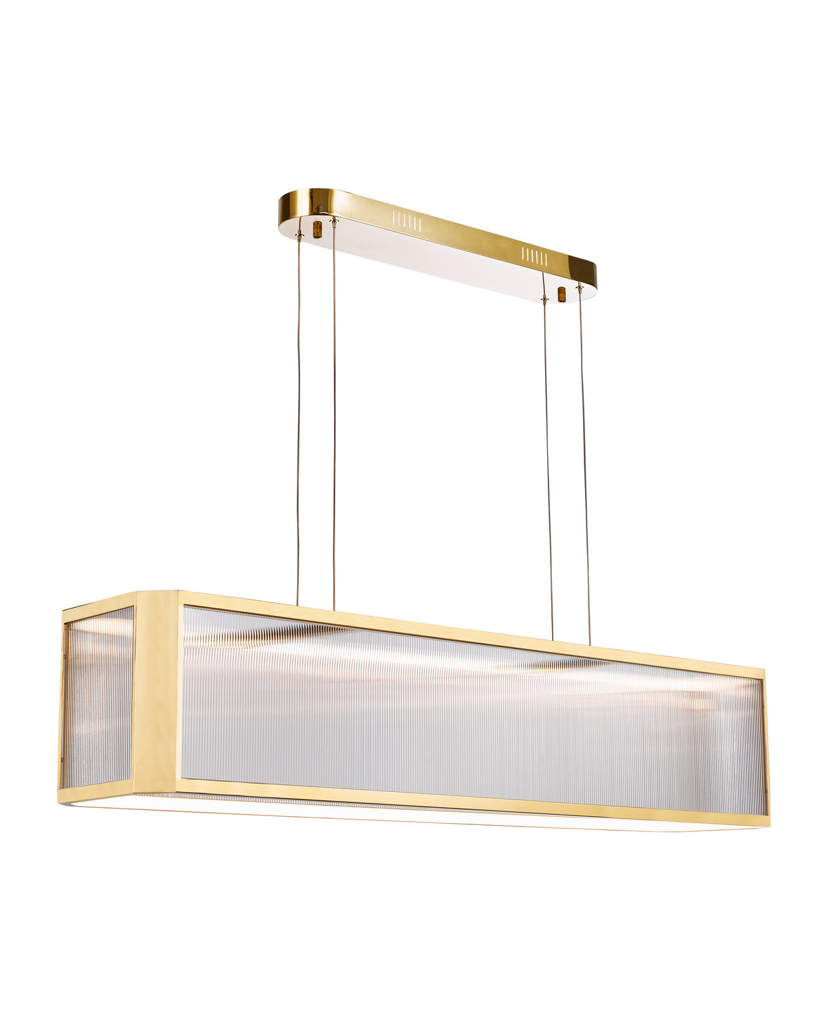 U120 × Y150 cm ölçülerinde pirinç çerçeveli, dokulu camlı dikdörtgen sarkıt avize