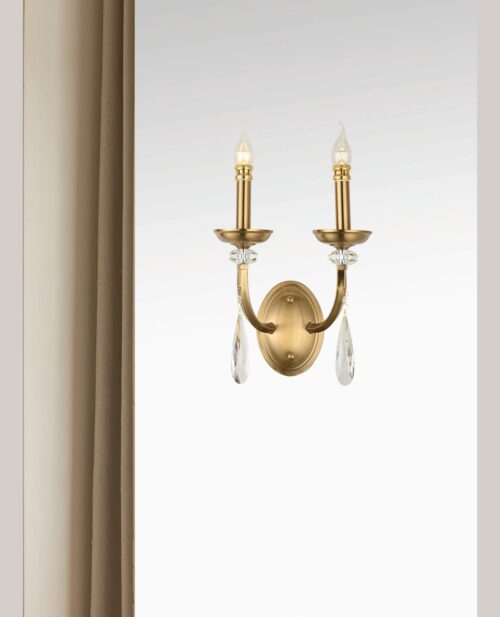 Taba perde fonunda antik pirinç kaplamalı, kristal damlalı iki kollu G38×D23×Y37 cm duvar apliği