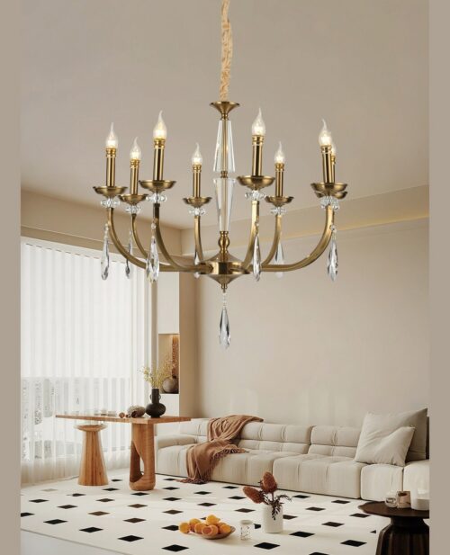 Oturma odasında antik pirinç gövdeli, kristal damlalı U118×G58×Y62 cm sekiz kollu klasik avize