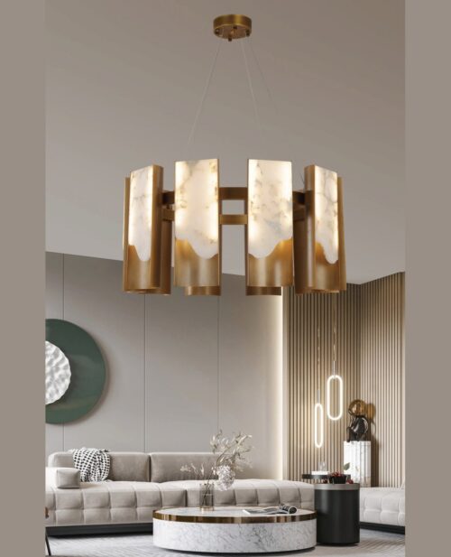 Oturma odası tavanında asılı, alabaster panelli ve antik pirinç gövdeli Ø60×Y40 cm 8 dilimli sarkıt avize
