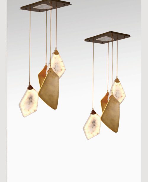 Tavan başlığından sarkan, alabaster taş desenli dört damlalı U60×G35×Y120 cm grup sarkıt avize