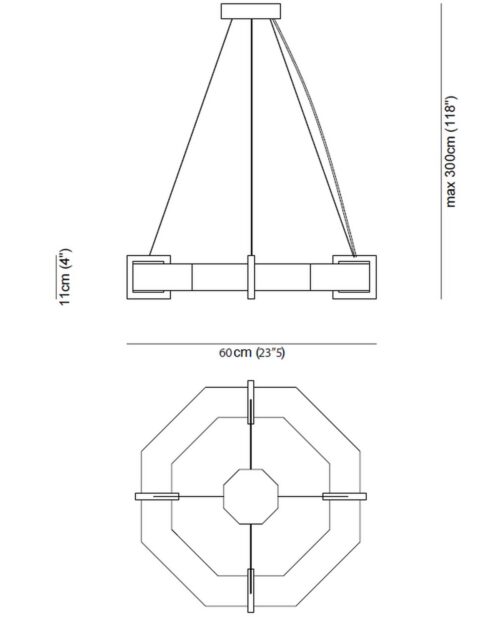 Ø60 cm çap, 11 cm gövde yüksekliği ve azami 300 cm sarkım gösteren teknik ölçü çizimi
